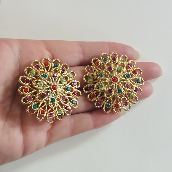 Tara Signed Round Earrings VTG Gold Plated Clip chunky Crystal Statement Regal - Picture 2 of 6